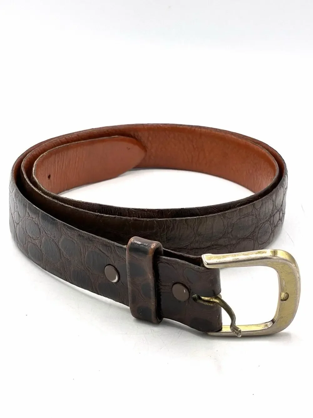 Brown Croc Embossed Belt 41-44” Vintage Style Brass Tone Buckle